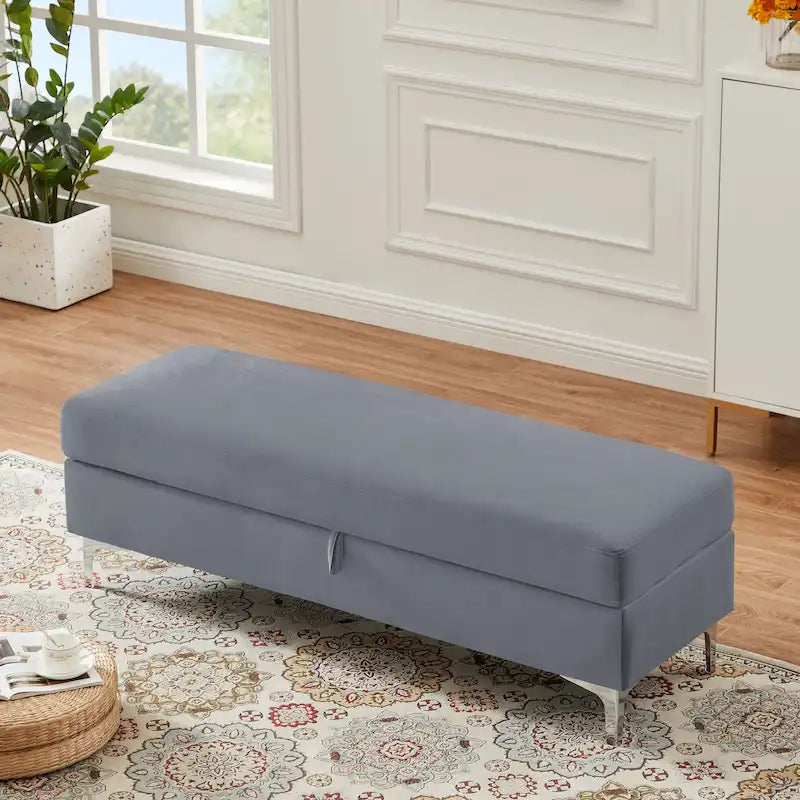 Velvet Storage Bench with Wooden Frame - 500lbs Capacity, Silver Metal Feet, Modern Style, Living Room/Bedroom