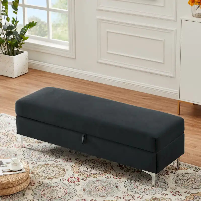 Velvet Storage Bench with Wooden Frame - 500lbs Capacity, Silver Metal Feet, Modern Style, Living Room/Bedroom