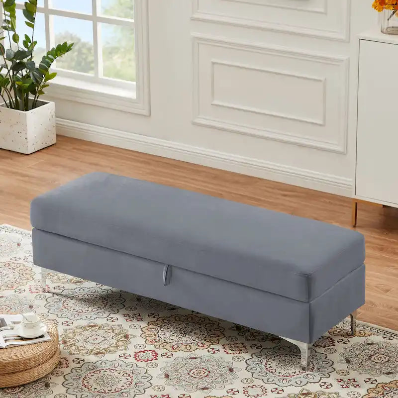 Velvet Storage Bench with Wooden Frame - 500lbs Capacity, Silver Metal Feet, Modern Style, Living Room/Bedroom