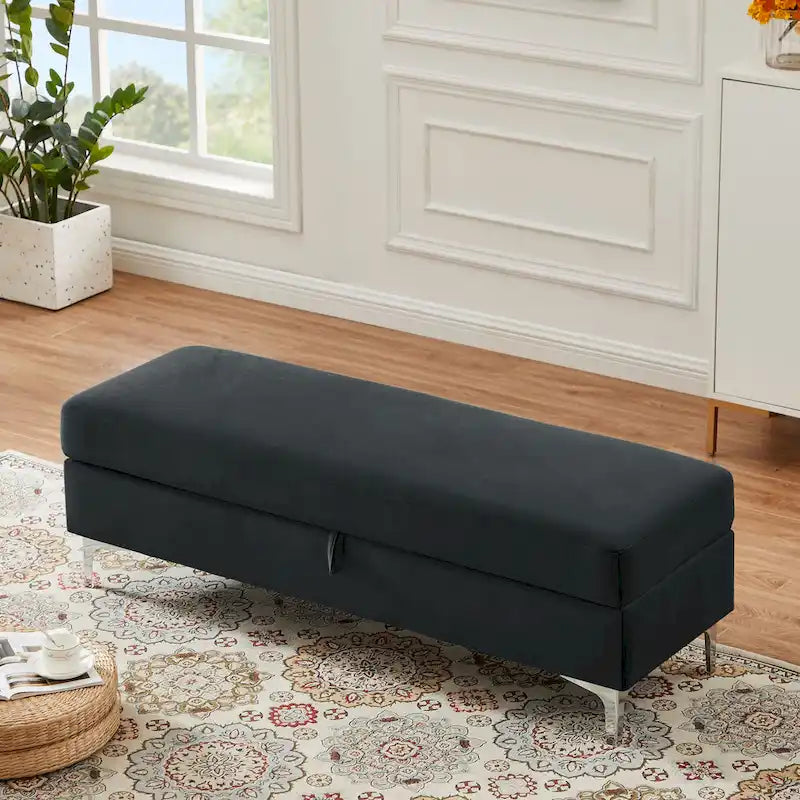Velvet Storage Bench with Wooden Frame - 500lbs Capacity, Silver Metal Feet, Modern Style, Living Room/Bedroom