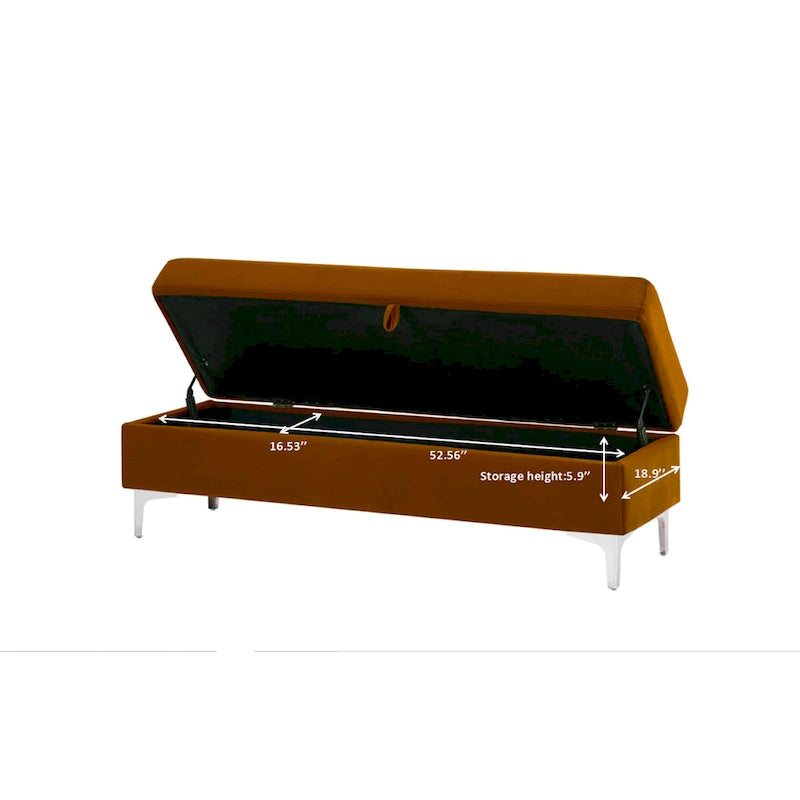 Velvet Storage Bench with Wooden Frame - 500lbs Capacity, Silver Metal Feet, Modern Style, Living Room/Bedroom