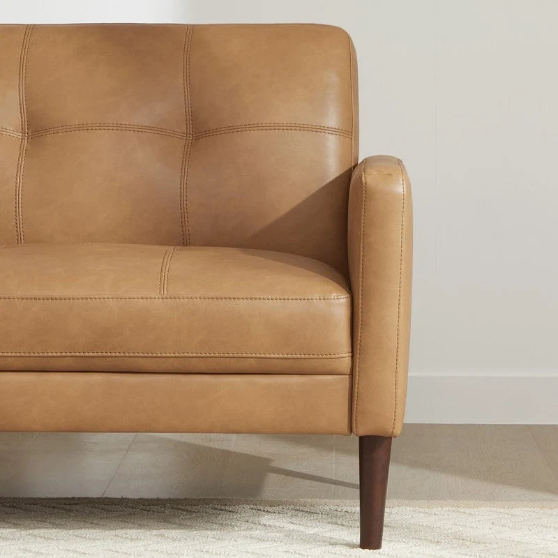 Mid-Century Sofa Couch Set Button Tufted Back Linen Upholstery Solid Wood Legs Living Room Furniture