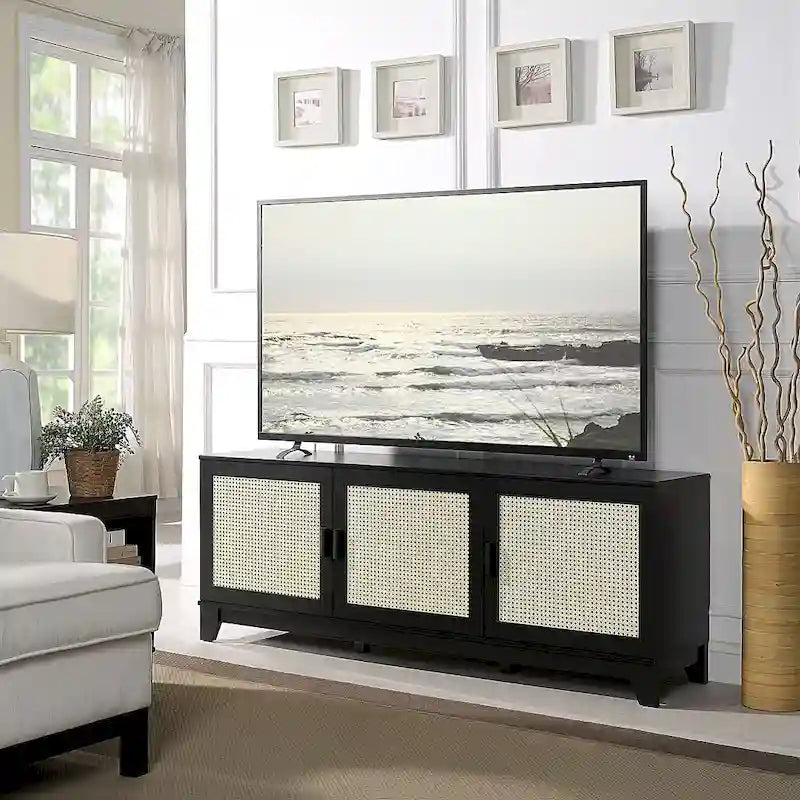 63" Modern Cane Media Cabinet - 3 Soft-Close Doors with 6 Compartments - TV Console for 55" TVs with Cable Management