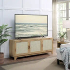 63" Modern Cane Media Cabinet - 3 Soft-Close Doors with 6 Compartments - TV Console for 55" TVs with Cable Management