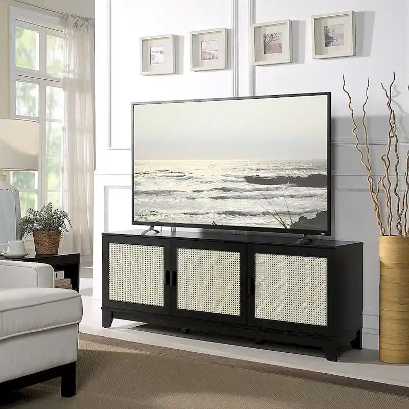 63" Modern Cane Media Cabinet - 3 Soft-Close Doors with 6 Compartments - TV Console for 55" TVs with Cable Management