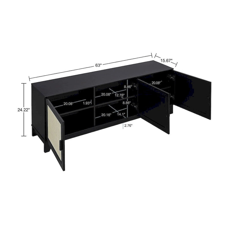 63" Modern Cane Media Cabinet - 3 Soft-Close Doors with 6 Compartments - TV Console for 55" TVs with Cable Management