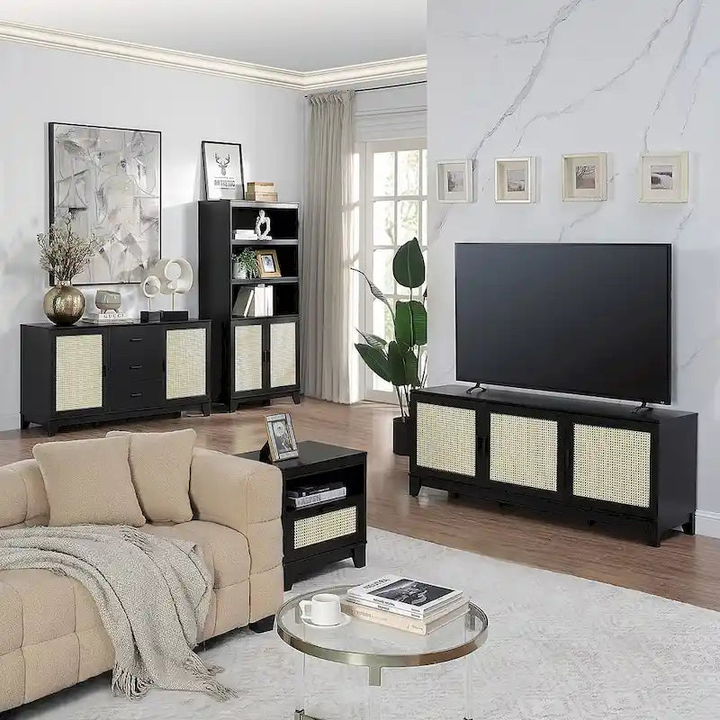 63" Modern Cane Media Cabinet - 3 Soft-Close Doors with 6 Compartments - TV Console for 55" TVs with Cable Management