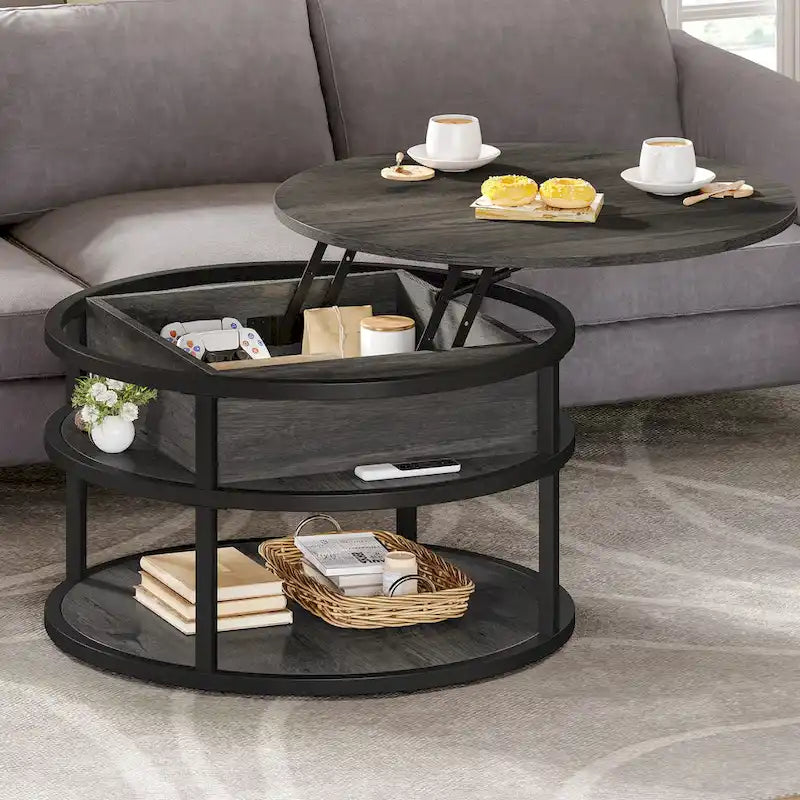 31.5" Round Lift Top Coffee Table - Adjustable Height, Hidden Storage, Shelf, Farmhouse Style