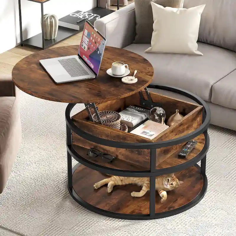 31.5" Round Lift Top Coffee Table - Adjustable Height, Hidden Storage, Shelf, Farmhouse Style
