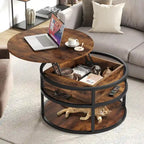31.5" Round Lift Top Coffee Table - Adjustable Height, Hidden Storage, Shelf, Farmhouse Style