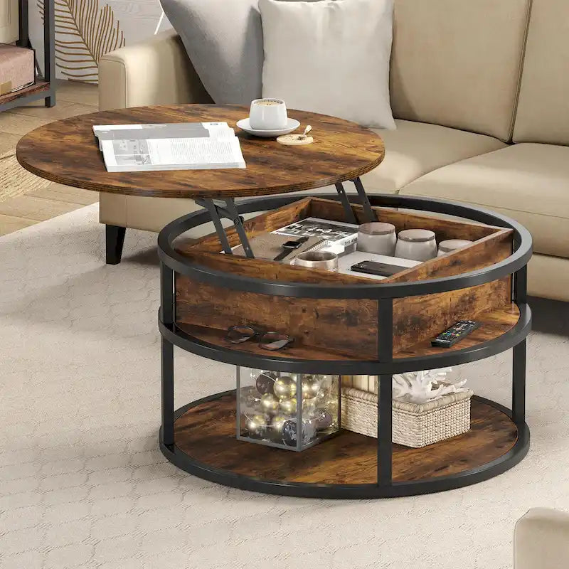 31.5" Round Lift Top Coffee Table - Adjustable Height, Hidden Storage, Shelf, Farmhouse Style