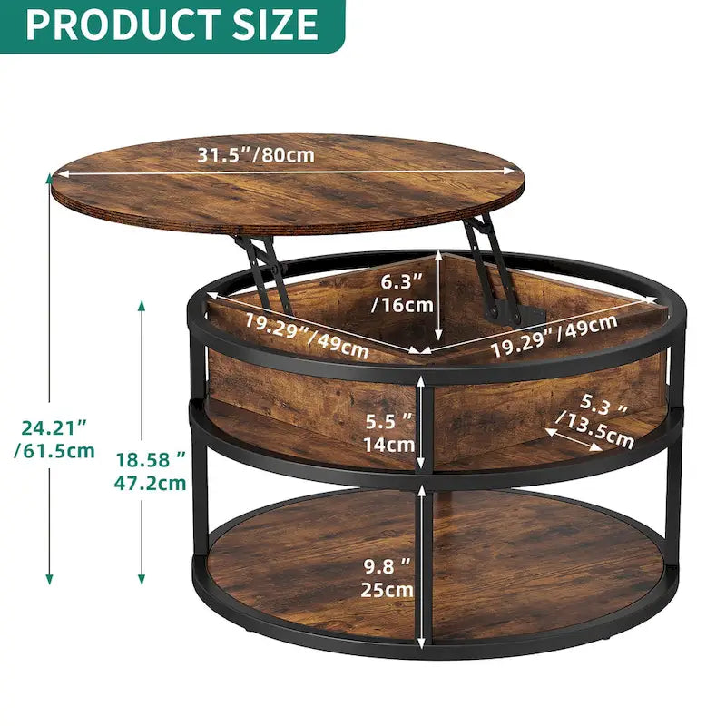 31.5" Round Lift Top Coffee Table - Adjustable Height, Hidden Storage, Shelf, Farmhouse Style