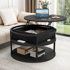 31.5" Round Lift Top Coffee Table - Adjustable Height, Hidden Storage, Shelf, Farmhouse Style