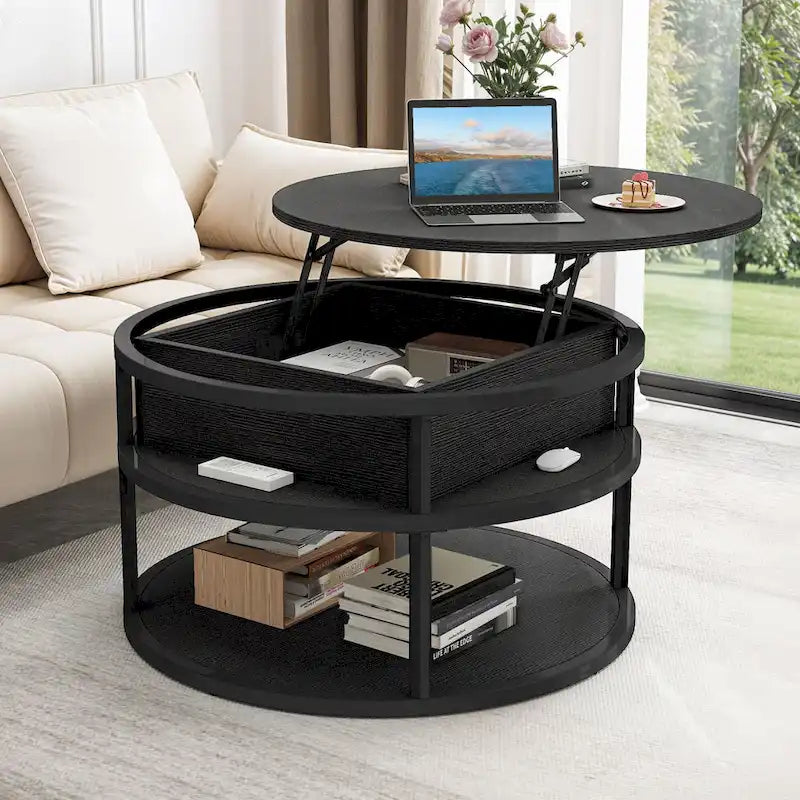 31.5" Round Lift Top Coffee Table - Adjustable Height, Hidden Storage, Shelf, Farmhouse Style