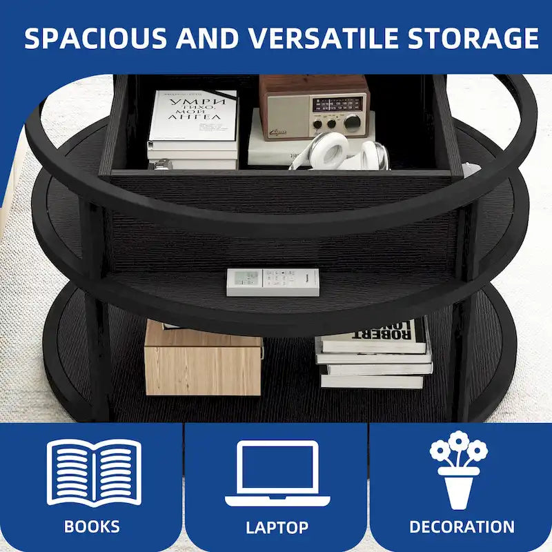 31.5" Round Lift Top Coffee Table - Adjustable Height, Hidden Storage, Shelf, Farmhouse Style