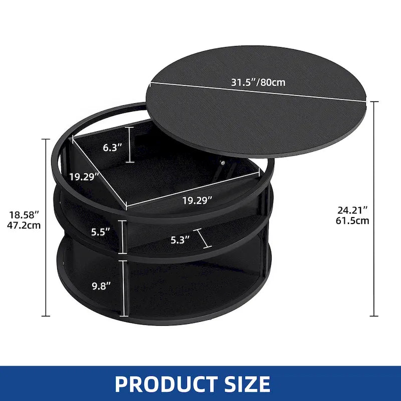 31.5" Round Lift Top Coffee Table - Adjustable Height, Hidden Storage, Shelf, Farmhouse Style