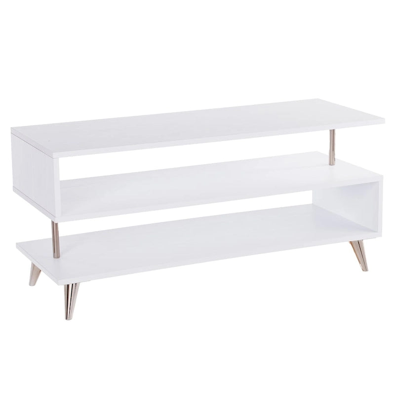 39.5" Low Profile Media TV Stand for up to 41" TVs - White & Champagne Metal Frame - 3 Open Shelves Contemporary