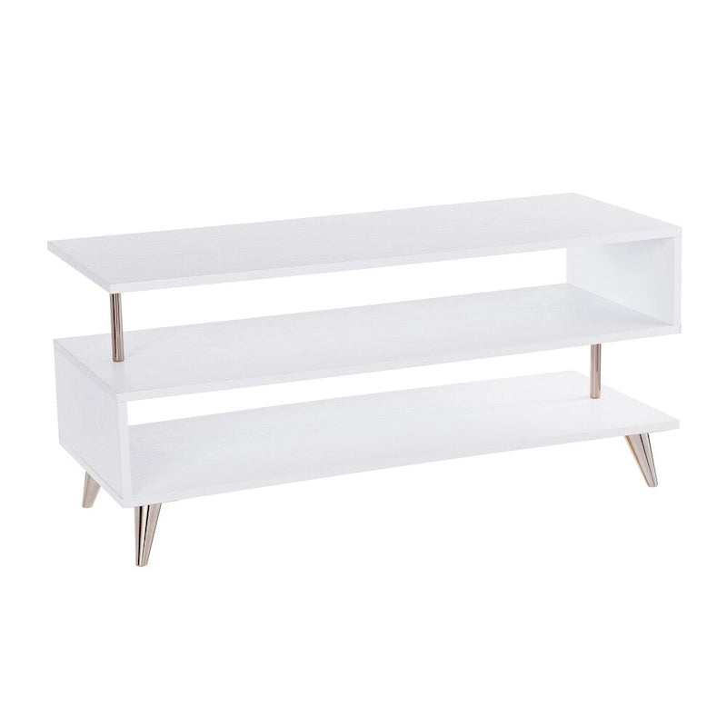 39.5" Low Profile Media TV Stand for up to 41" TVs - White & Champagne Metal Frame - 3 Open Shelves Contemporary