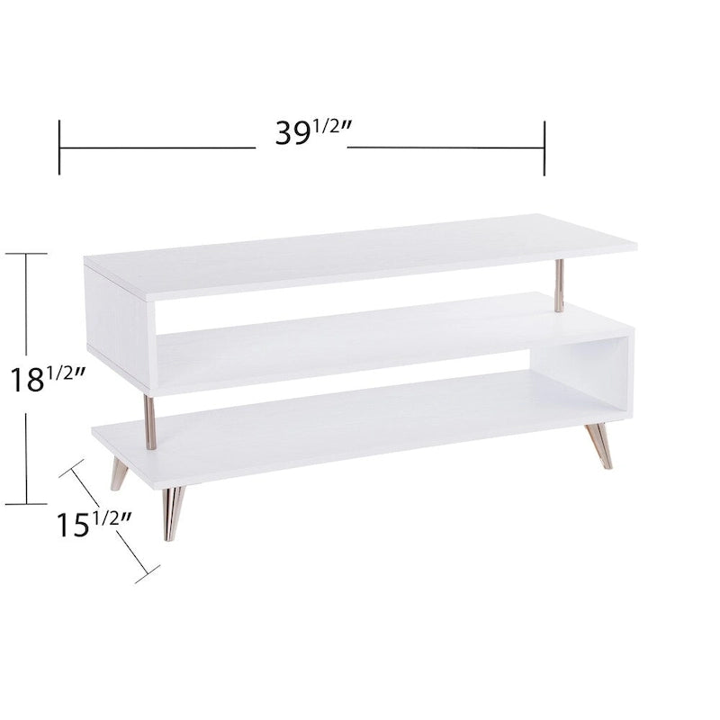 39.5" Low Profile Media TV Stand for up to 41" TVs - White & Champagne Metal Frame - 3 Open Shelves Contemporary