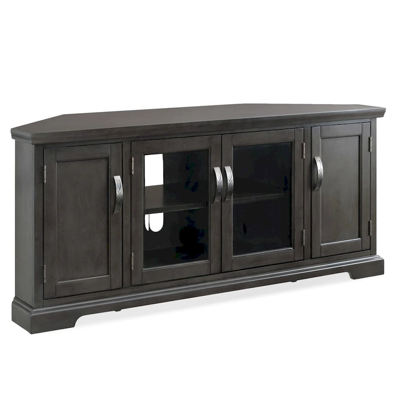 57" Corner TV Stand for up to 60" TVs - Hardwood with Tempered Glass Doors - Adjustable Shelves & Enclosed Storage