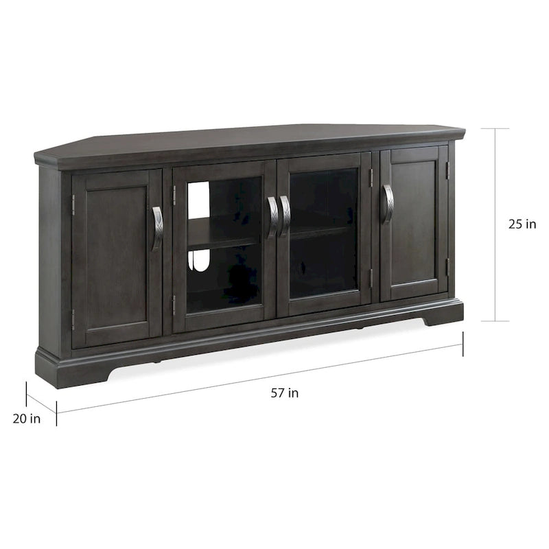 57" Corner TV Stand for up to 60" TVs - Hardwood with Tempered Glass Doors - Adjustable Shelves & Enclosed Storage