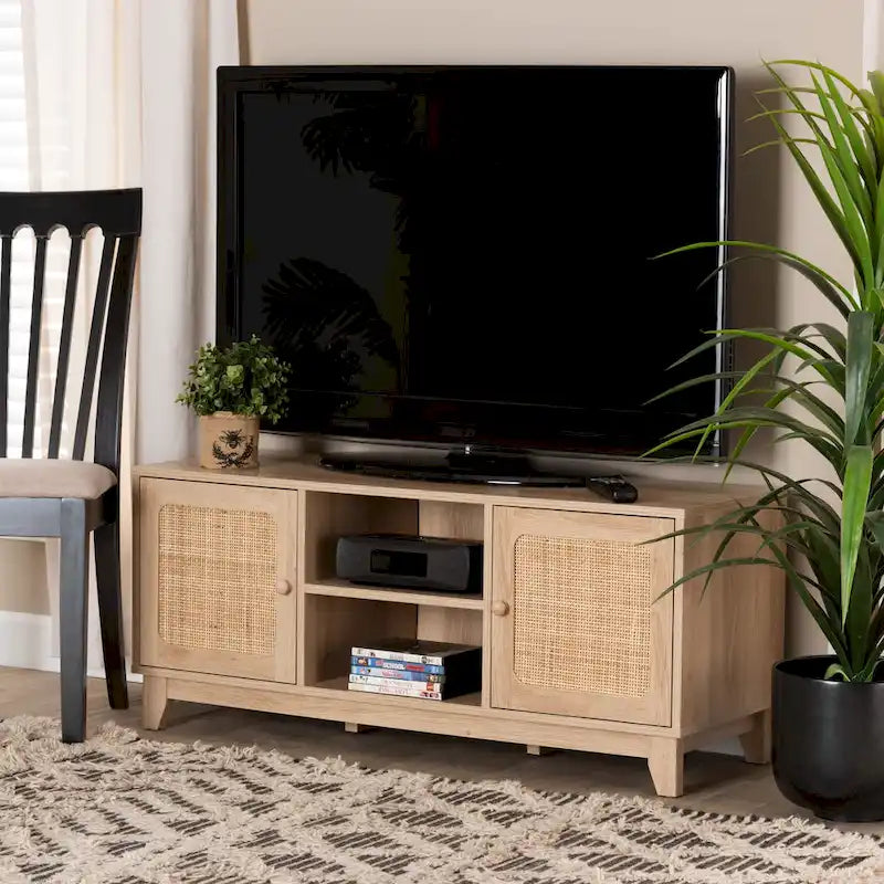 Elsbeth Mid-Century Modern Light Brown Finished Wood and Natural Rattan 2-Door TV Stand