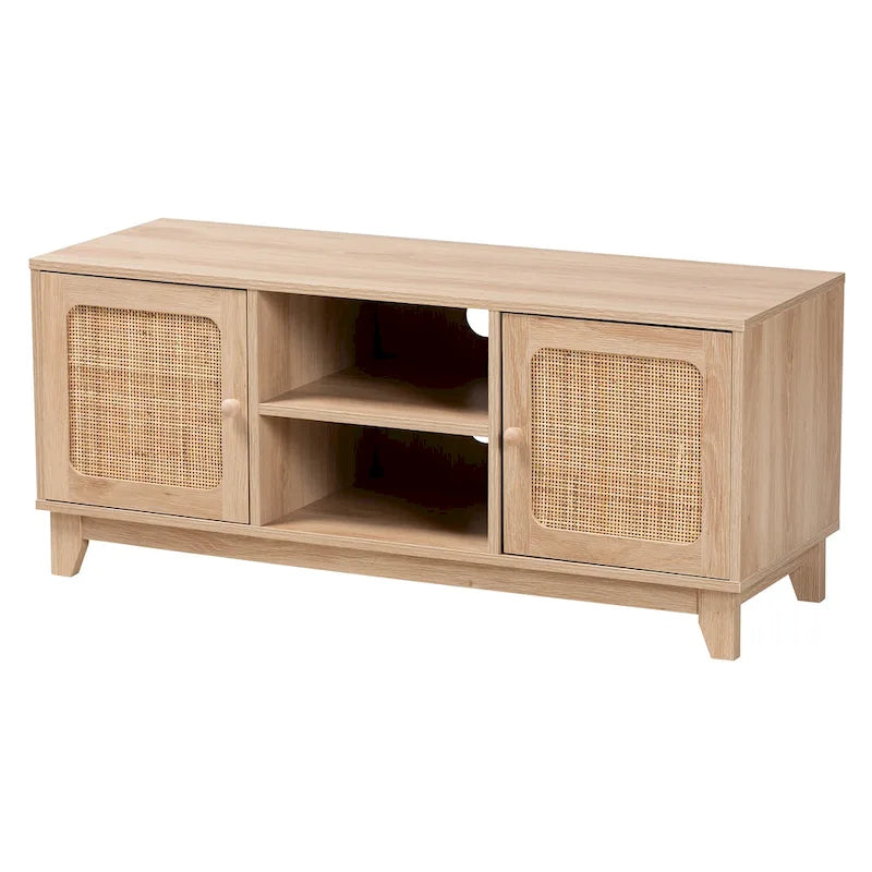 43" Mid-Century Modern TV Stand - Wood & Natural Rattan 2-Door Media Console - Supports up to 46" TVs with Storage Shelves