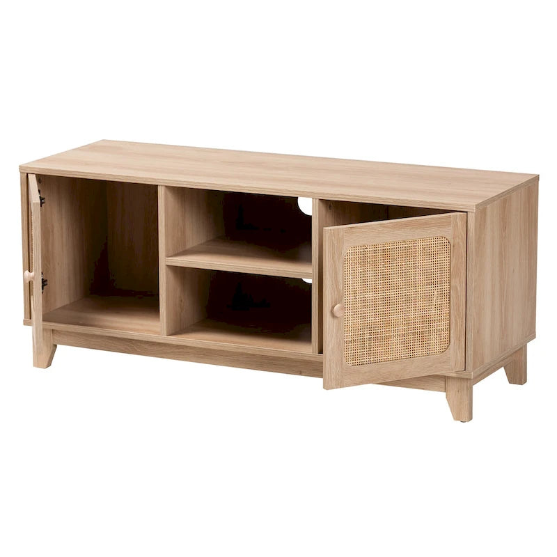 43" Mid-Century Modern TV Stand - Wood & Natural Rattan 2-Door Media Console - Supports up to 46" TVs with Storage Shelves