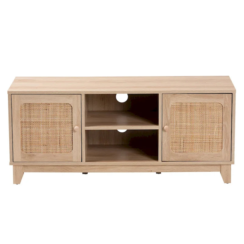 43" Mid-Century Modern TV Stand - Wood & Natural Rattan 2-Door Media Console - Supports up to 46" TVs with Storage Shelves