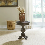 22" Round Chairside Table - Blue Stone Insert, Rubberwood & Oak Veneer, Saddle Brown, Pedestal Base, 36lbs