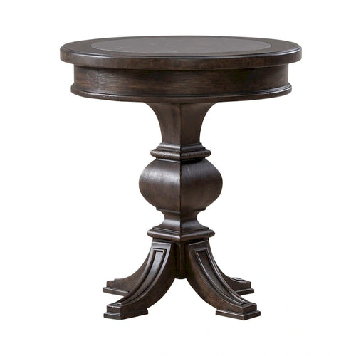 22" Round Chairside Table - Blue Stone Insert, Rubberwood & Oak Veneer, Saddle Brown, Pedestal Base, 36lbs