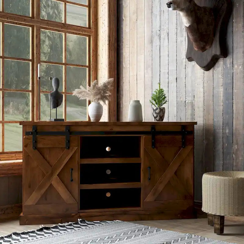 56" Rustic Farmhouse Corner TV Stand - Sliding Barn Doors with 5 Shelves - Knotty Alder Wood for TVs up to 60"