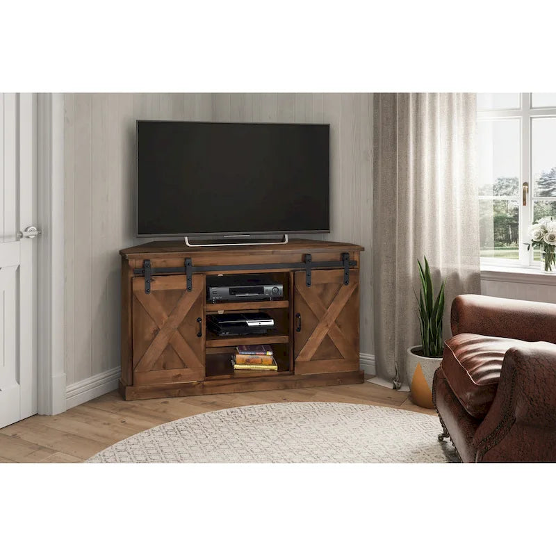 56" Rustic Farmhouse Corner TV Stand - Sliding Barn Doors with 5 Shelves - Knotty Alder Wood for TVs up to 60"