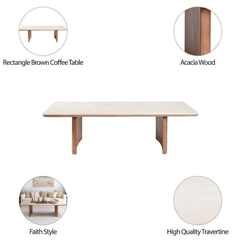 Sagebrook Home Elegant Acacia and Travertine Coffee Table for Modern Living