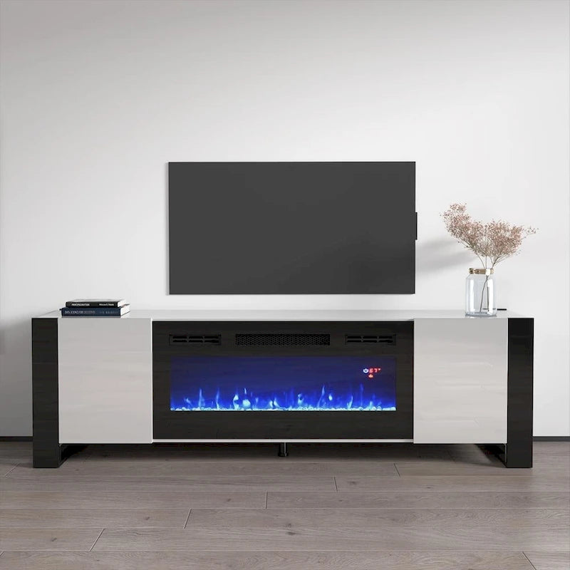 77" Electric Fireplace TV Stand for up to 85" TVs - 40" Fireplace Insert with Remote - High Gloss Contemporary