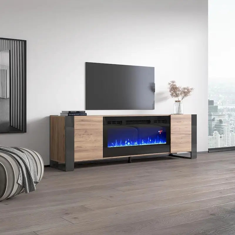 77" Electric Fireplace TV Stand for up to 85" TVs - 40" Fireplace Insert with Remote - High Gloss Contemporary