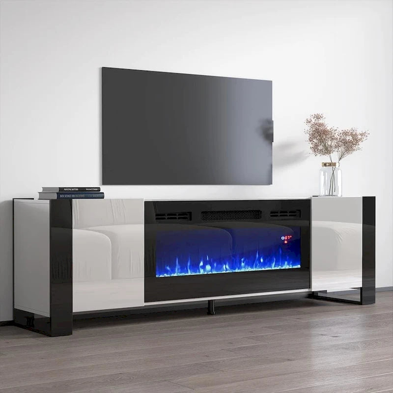 77" Electric Fireplace TV Stand for up to 85" TVs - 40" Fireplace Insert with Remote - High Gloss Contemporary