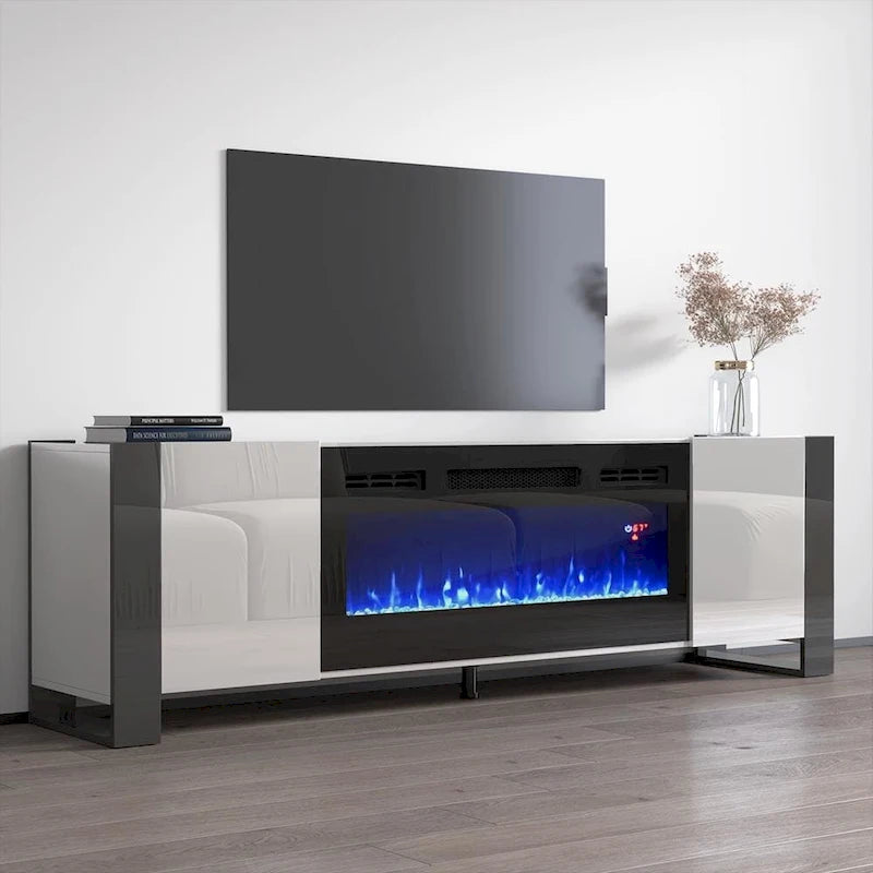 77" Electric Fireplace TV Stand for up to 85" TVs - 40" Fireplace Insert with Remote - High Gloss Contemporary