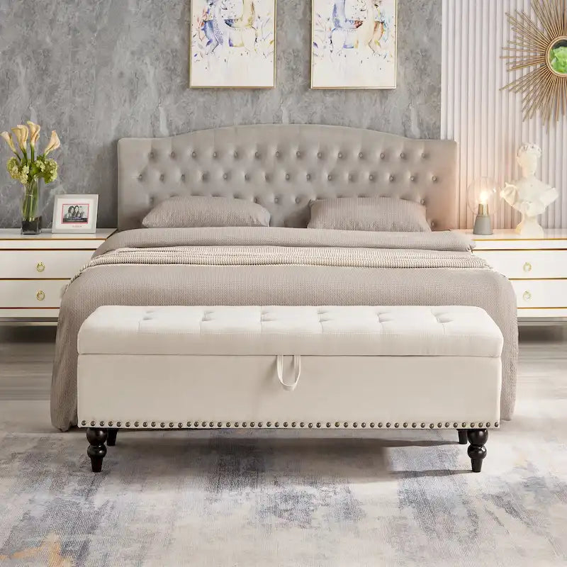 59" Storage Bench with Button-Tufted Seat - Cotton Linen, Solid Wood Legs, 500lbs Capacity, Bedroom/Entryway