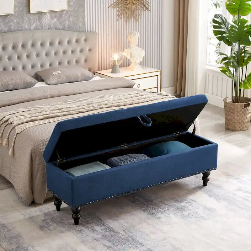 59" Storage Bench with Button-Tufted Seat - Cotton Linen, Solid Wood Legs, 500lbs Capacity, Bedroom/Entryway
