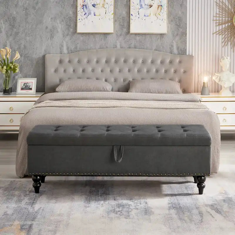 59" Storage Bench with Button-Tufted Seat - Cotton Linen, Solid Wood Legs, 500lbs Capacity, Bedroom/Entryway
