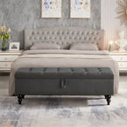 59" Storage Bench with Button-Tufted Seat - Cotton Linen, Solid Wood Legs, 500lbs Capacity, Bedroom/Entryway