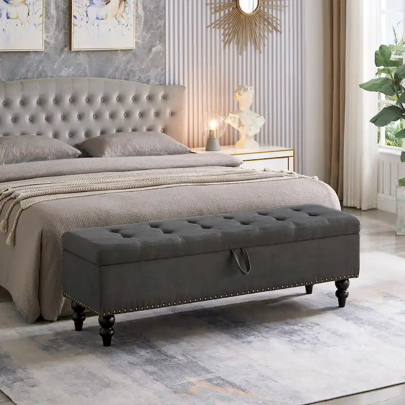 59" Storage Bench with Button-Tufted Seat - Cotton Linen, Solid Wood Legs, 500lbs Capacity, Bedroom/Entryway