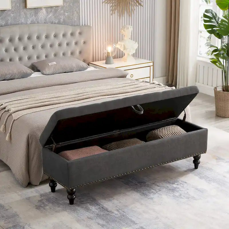 59" Storage Bench with Button-Tufted Seat - Cotton Linen, Solid Wood Legs, 500lbs Capacity, Bedroom/Entryway