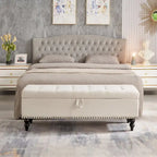 59" Storage Bench with Button-Tufted Seat - Cotton Linen, Solid Wood Legs, 500lbs Capacity, Bedroom/Entryway
