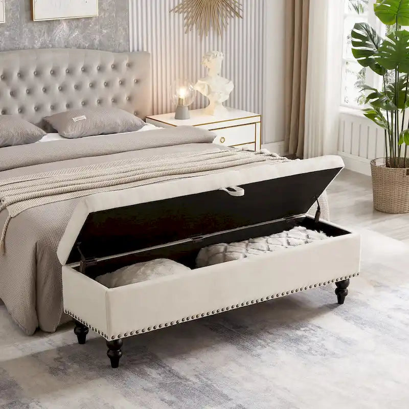 59" Storage Bench with Button-Tufted Seat - Cotton Linen, Solid Wood Legs, 500lbs Capacity, Bedroom/Entryway