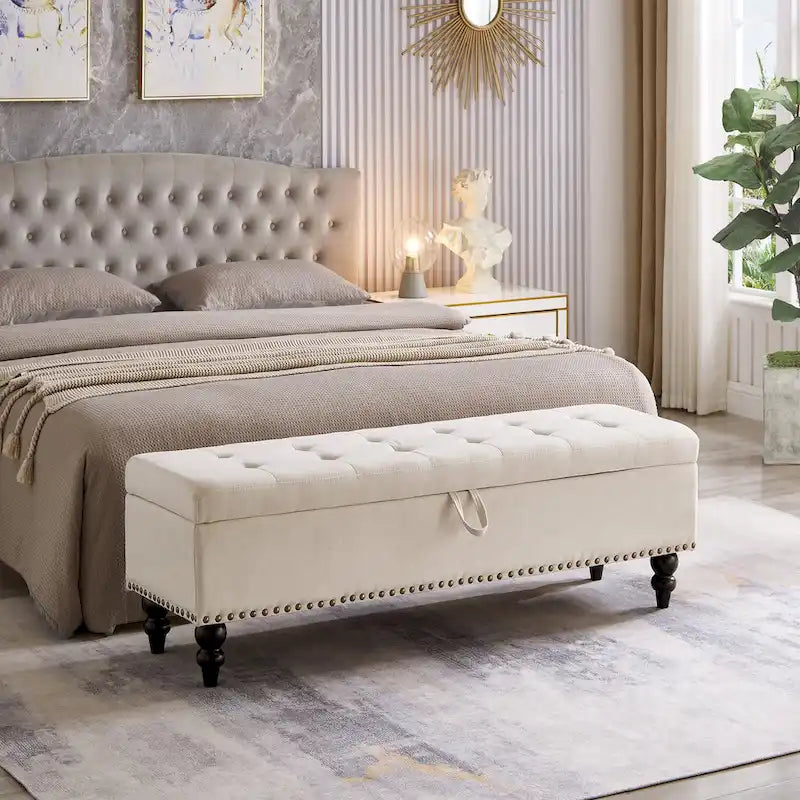59" Storage Bench with Button-Tufted Seat - Cotton Linen, Solid Wood Legs, 500lbs Capacity, Bedroom/Entryway