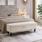 59" Storage Bench with Button-Tufted Seat - Cotton Linen, Solid Wood Legs, 500lbs Capacity, Bedroom/Entryway