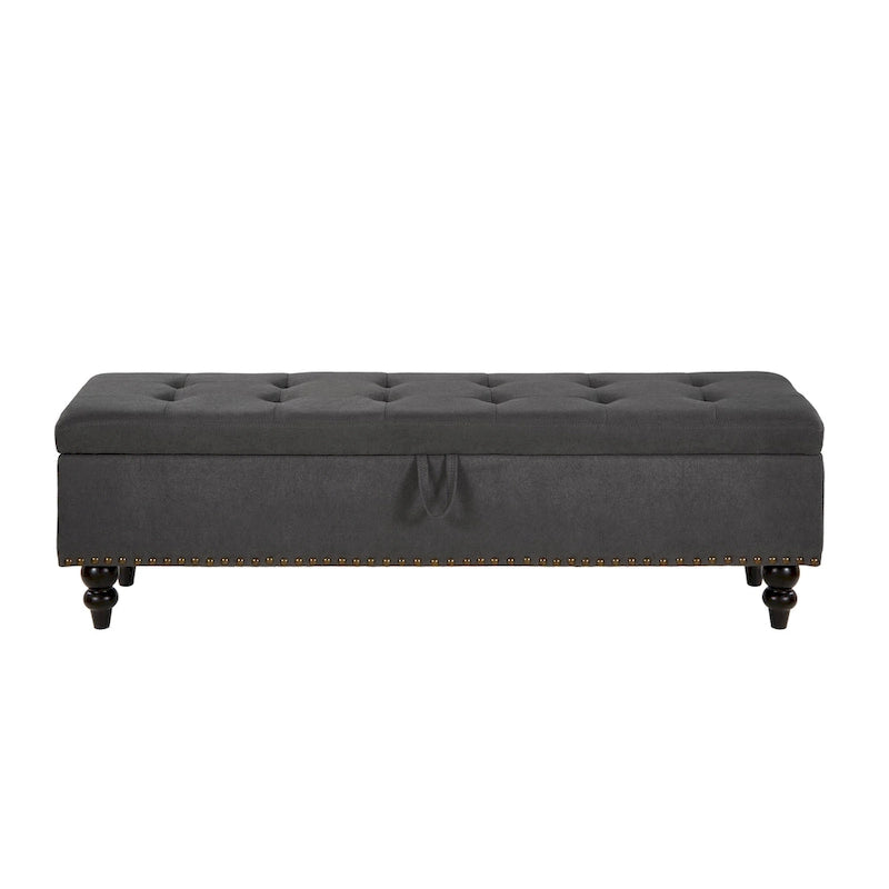 59" Storage Bench with Button-Tufted Seat - Cotton Linen, Solid Wood Legs, 500lbs Capacity, Bedroom/Entryway