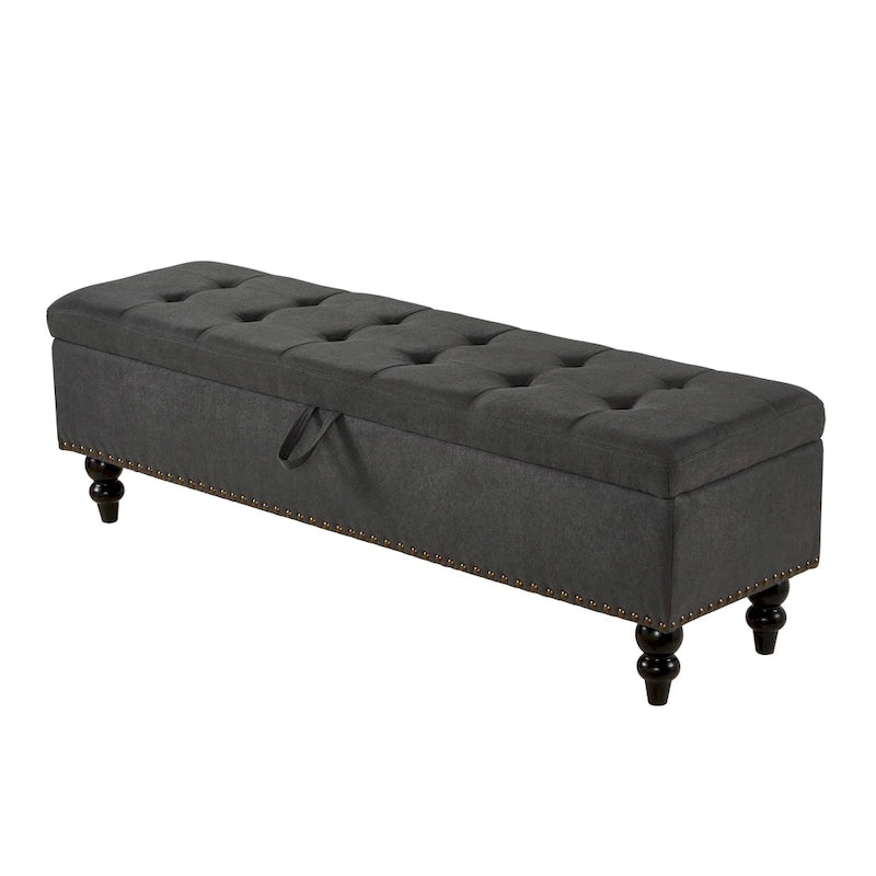 59" Storage Bench with Button-Tufted Seat - Cotton Linen, Solid Wood Legs, 500lbs Capacity, Bedroom/Entryway
